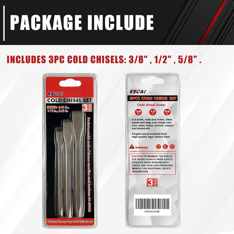 ct 3-Piece Heavy Duty All Purpose Cold Chisels Kit, 3/8, 1/2, 5/8 in, for Carpentry, Metalwork, Woodwork & Masonry work - Image 5